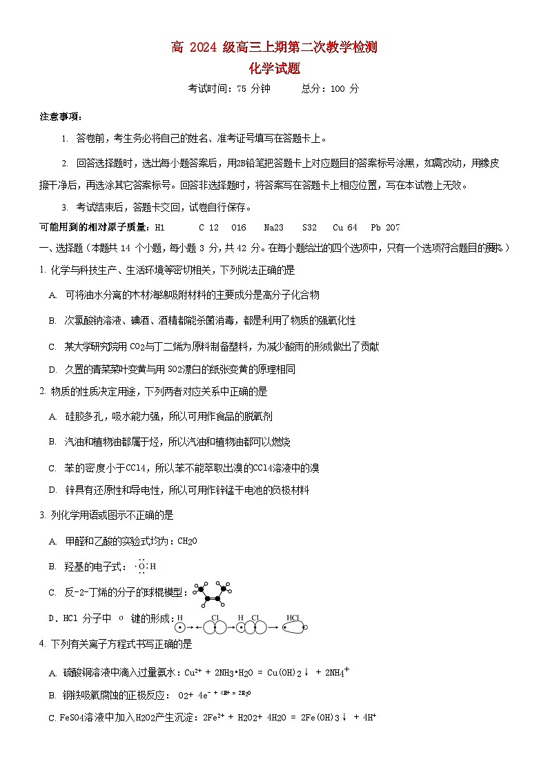 重庆市2023_2024学年高三化学上学期12月月考测试试题第1页