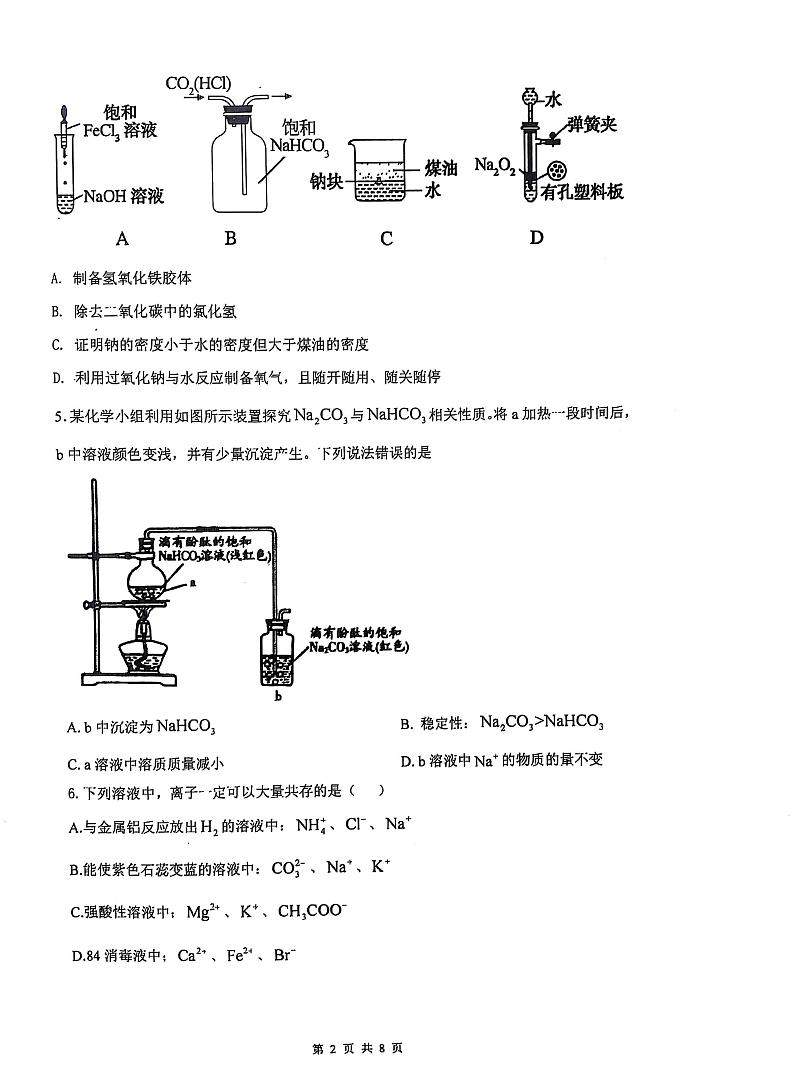 山东省郯城第一中学2024-2025学年高一上学期期末模拟化学试题及答案第2页