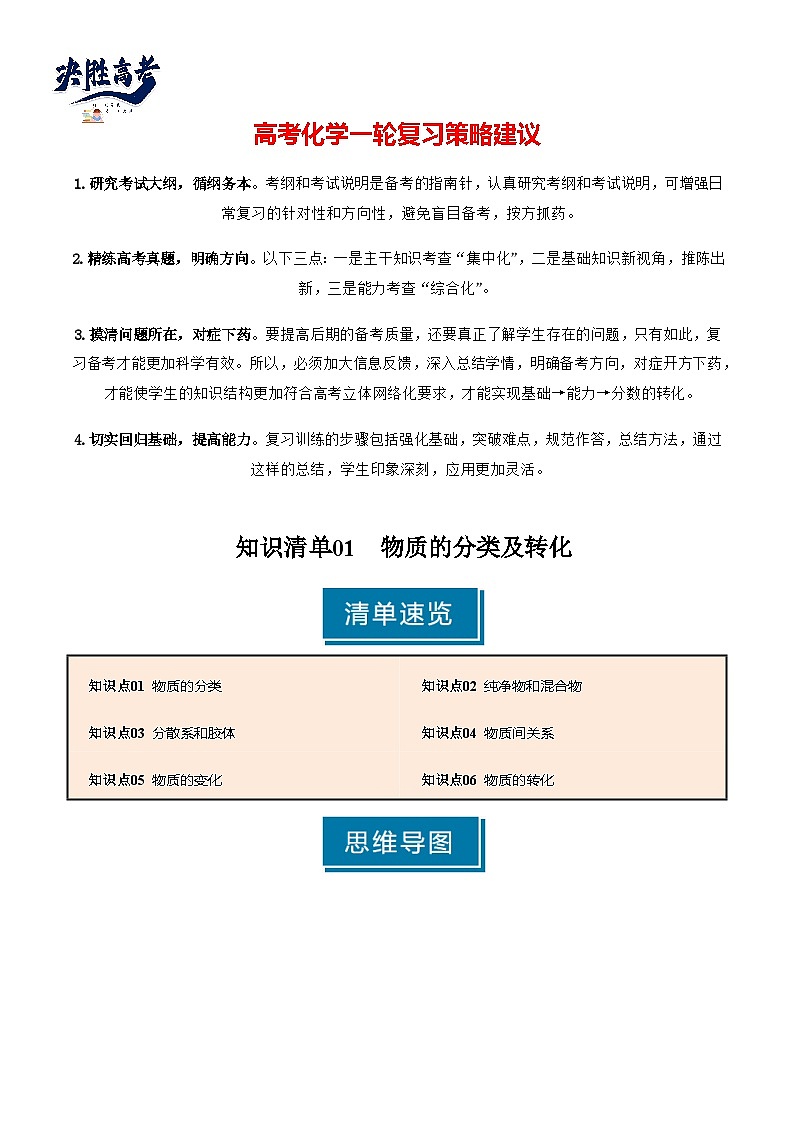 专题01 物质的分类及转化（原卷版）第1页