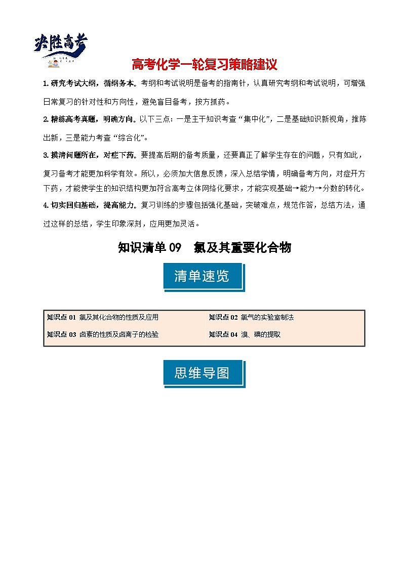 专题09 氯及其重要化合物-2025年高考化学一轮复习知识点（新高考专用）（解析版）第1页