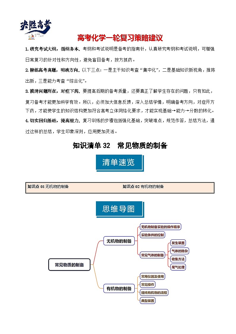 专题32 常见物质的制备-2025年高考化学一轮复习知识点（新高考专用）（原卷版）第1页
