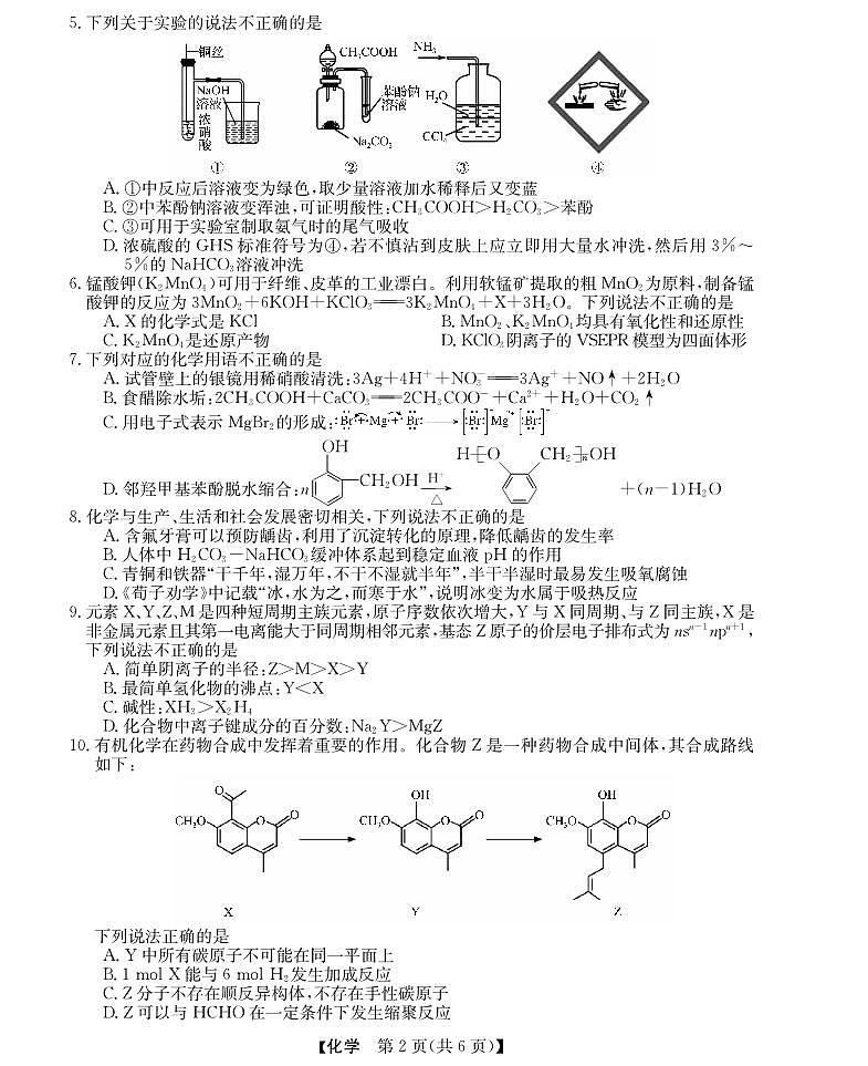 浙江省强基联盟2024年高三上学期12月联考-化学试卷+答案第2页