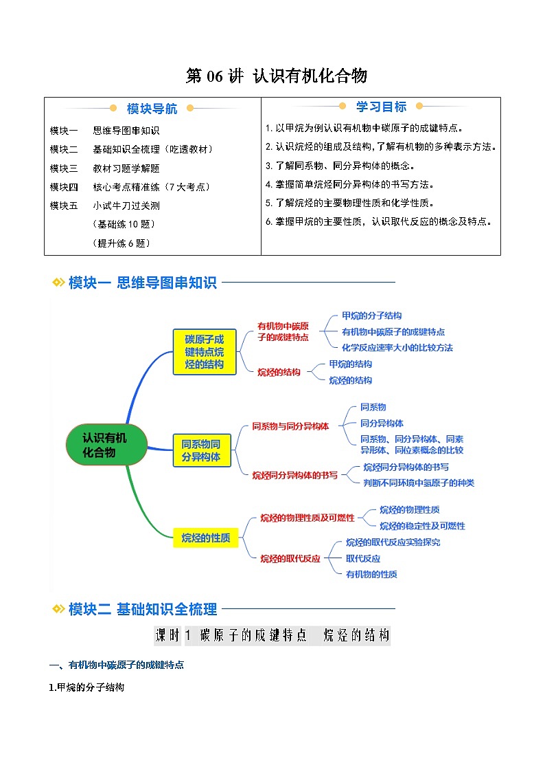 ②寒假预习-第06讲 认识有机化合物（教师版）-2025年高一化学寒假衔接讲练 (人教版) 第1页