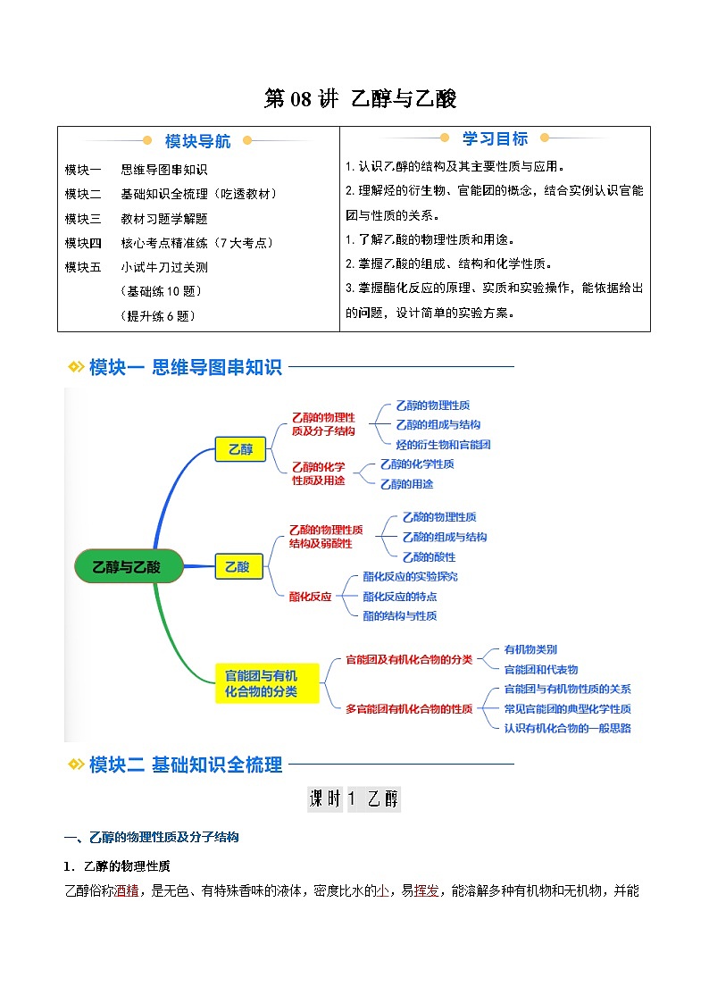 ②寒假预习第08讲 乙醇与乙酸（教师版）-2025年高一化学寒假衔接讲练 (人教版) 第1页