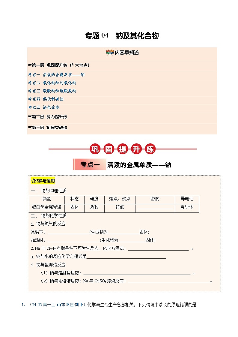 ③寒假提升练-专题04 钠及其化合物（学生版）-2025年高一化学寒假衔接讲练 (人教版) 第1页