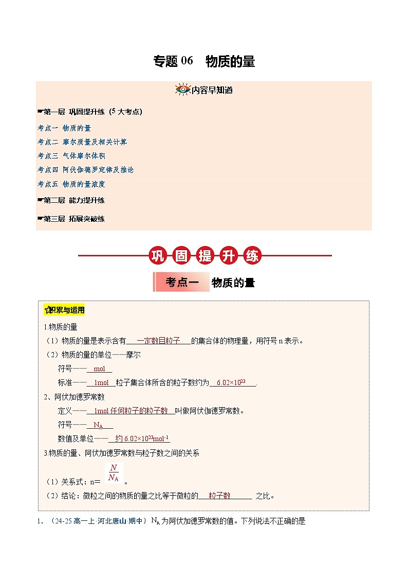 ③寒假提升练-专题06 物质的量（教师版）-2025年高一化学寒假衔接讲练 (人教版) 第1页