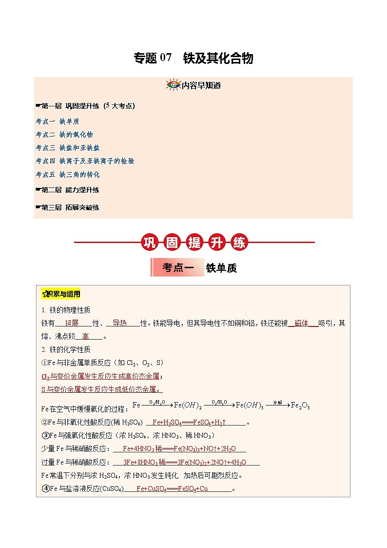 ③寒假提升练-专题07 铁及其化合物（教师版）-2025年高一化学寒假衔接讲练 (人教版) 第1页
