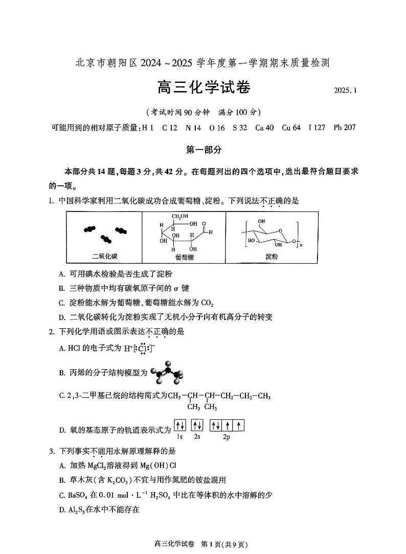 北京市朝阳区2024-2025学年高三上学期1月期末质量检测-化学试卷+答案第1页