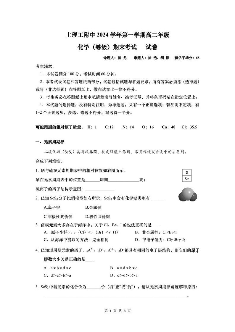 上海理工大学附属中学2024-2025学年高二上学期（等级）期末考试化学试卷第1页