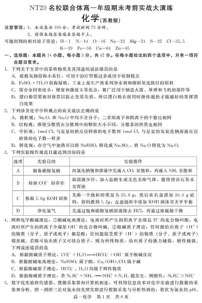 河北省邯郸市NT20名校联合体2024-2025学年高一上学期期末考前实战大演练化学试卷（图片版）第1页