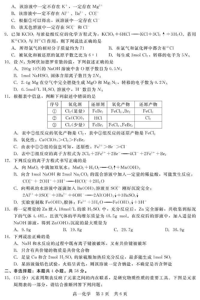 河北省邯郸市NT20名校联合体2024-2025学年高一上学期期末考前实战大演练化学试卷（图片版）第3页