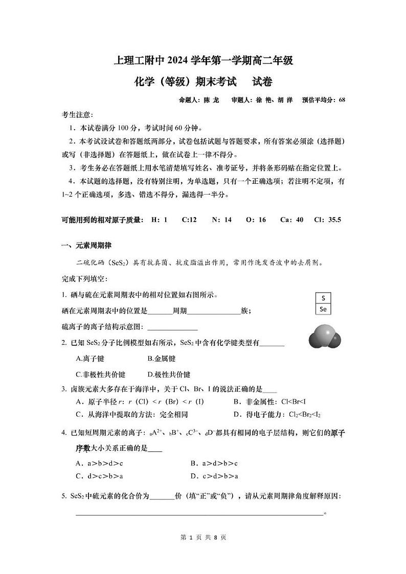 上海理工大学附属中学2024-2025学年高二上学期（等级）期末考试化学试卷第1页