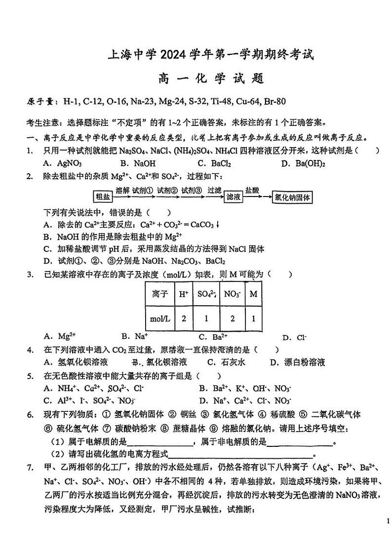 上海市上海中学2024-2025学年高一上学期期终考试化学试题第1页