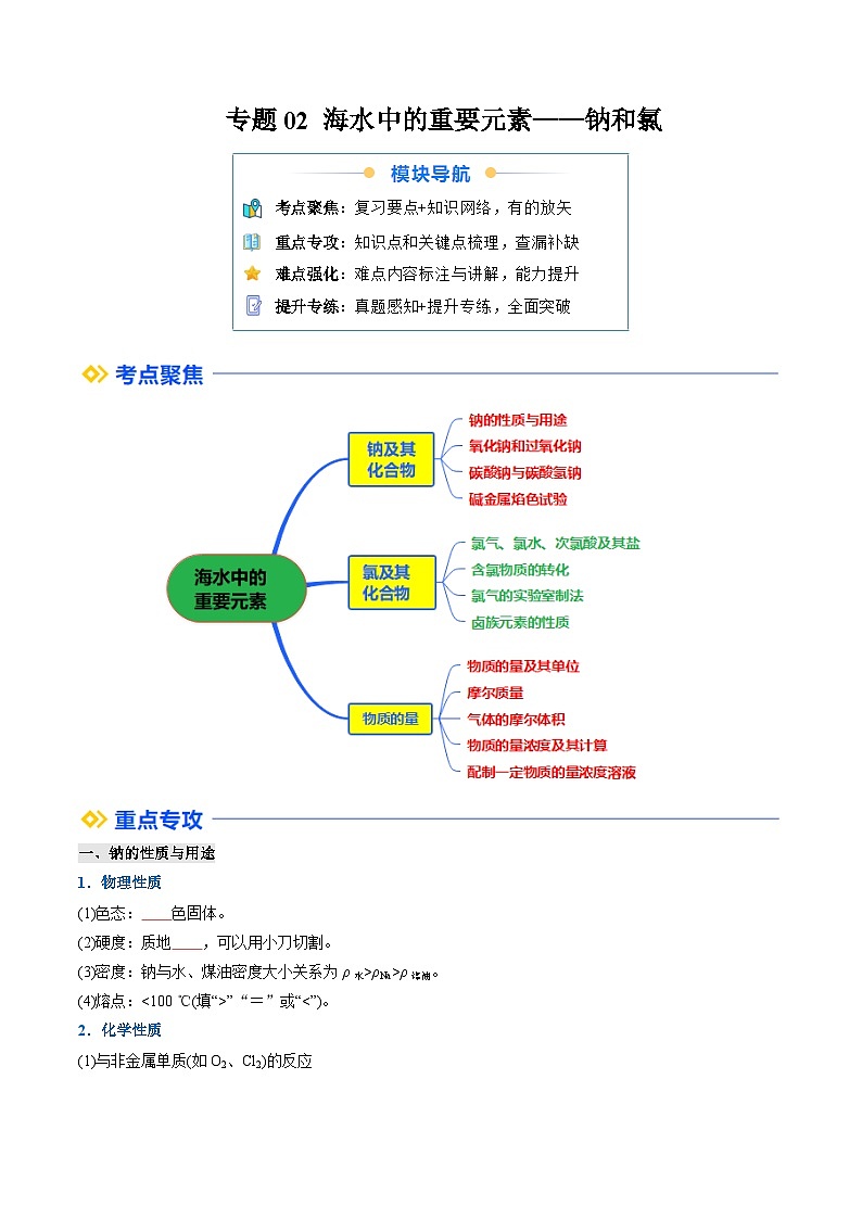 (人教版) 2025高一化学寒假衔接讲练①寒假复习-专题02 海水中的重要元素—钠和氯（学生版）第1页