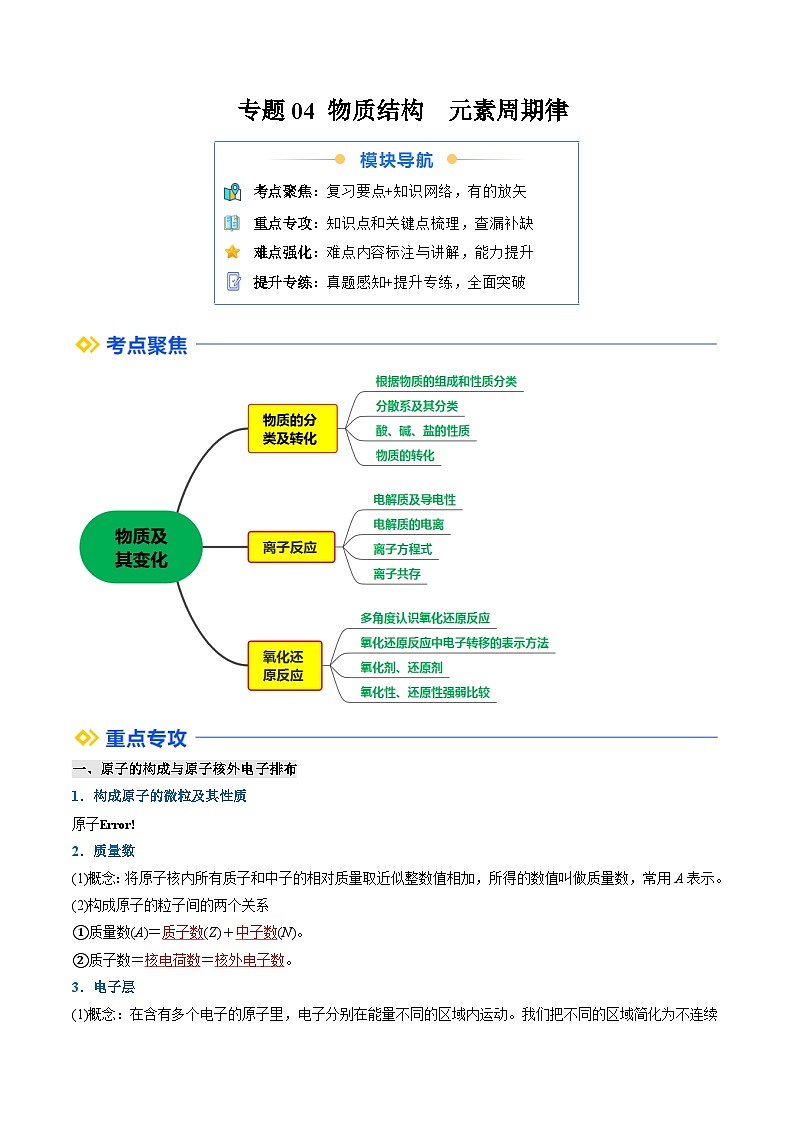 (人教版) 2025高一化学寒假衔接讲练①寒假复习-专题04 物质结构  元素周期律（教师版）第1页