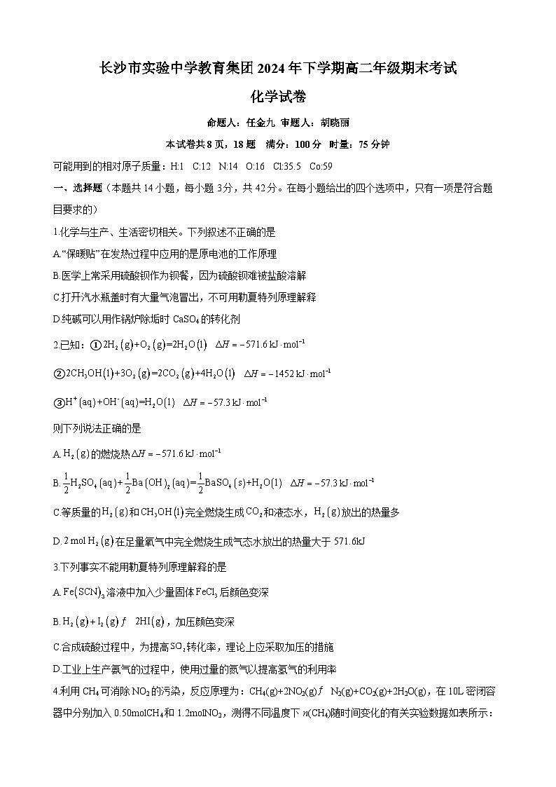 长沙市实验中学2024-2025高二上学期期末考试化学试卷第1页