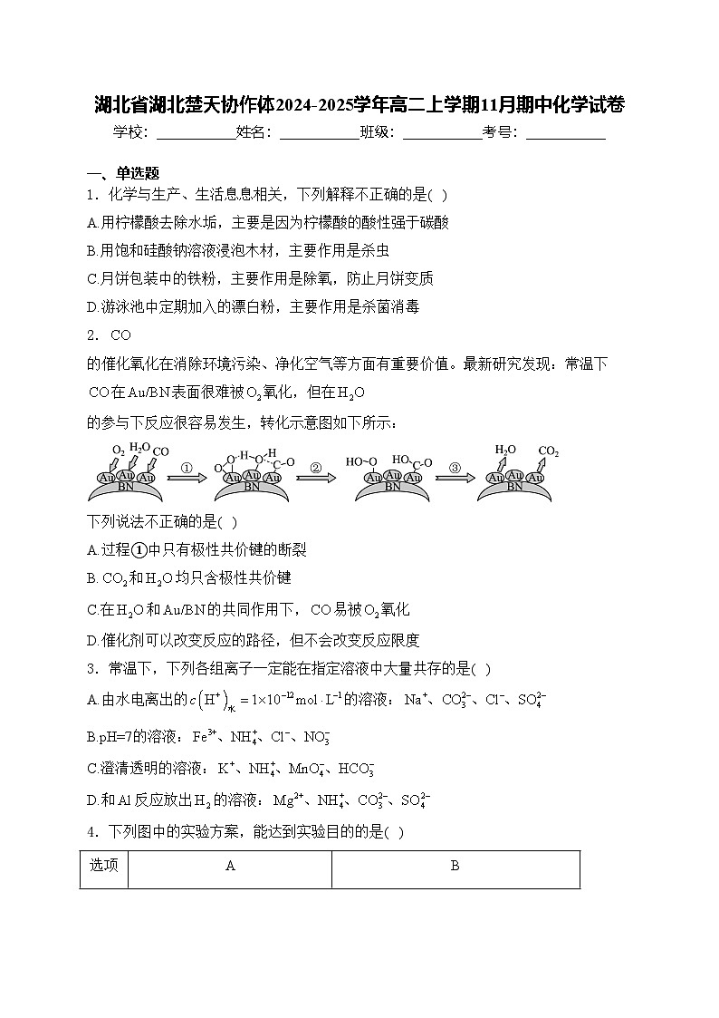 湖北省湖北楚天协作体2024-2025学年高二上学期11月期中化学试卷(含答案)第1页