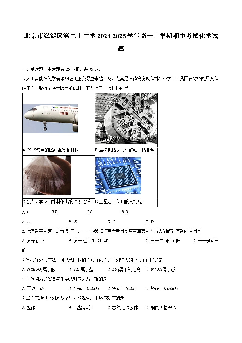 北京市海淀区第二十中学2024-2025学年高一上学期期中考试化学试题第1页