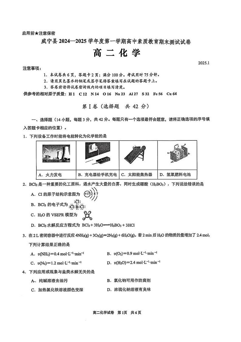 贵州省毕节市威宁彝族回族苗族自治县第八中学2024-2025学年高二上学期期末化学试卷第1页