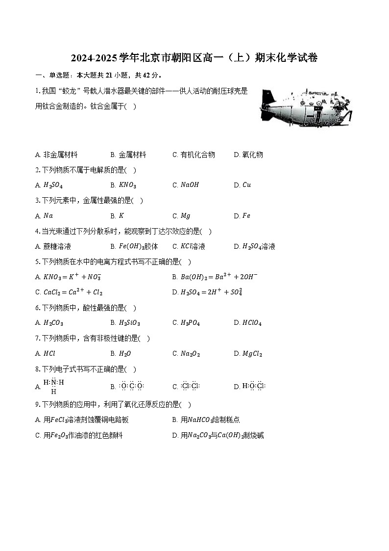 北京市朝阳区2024-2025学年高一（上）期末化学试卷（含答案）第1页