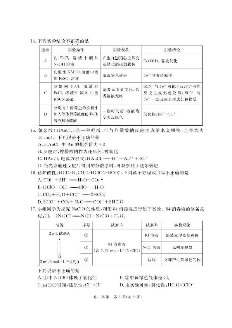 2025北京东城高一（上）期末化学试卷和参考答案第3页