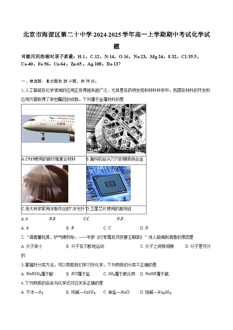 北京市海淀区第二十中学2024-2025学年高一上学期期中考试化学试题-第1页