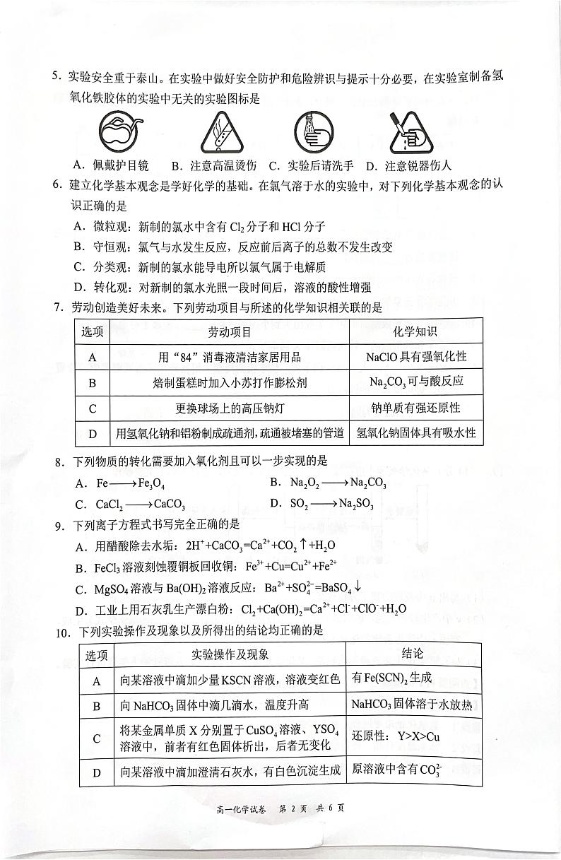 广东省深圳市龙华区2024-2025学年高一上学期1月期末考试 化学试题第2页