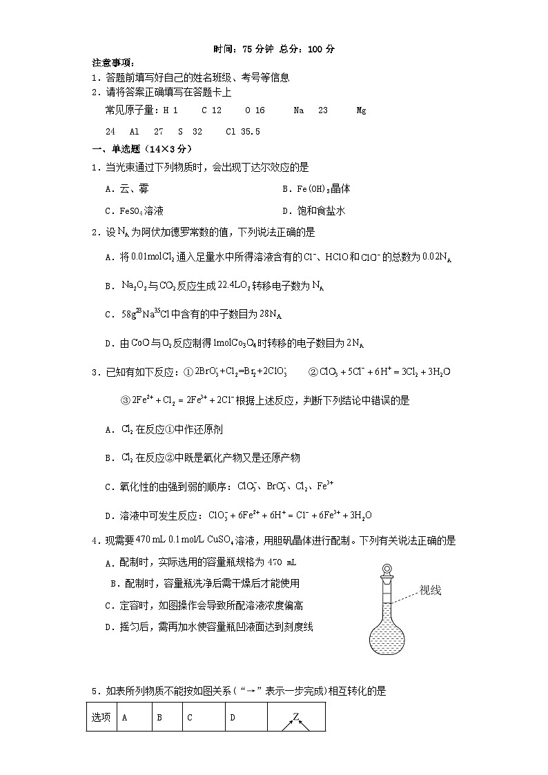 湖南省长沙市浏阳市2023_2024学年高一化学上学期12月月考试题第1页