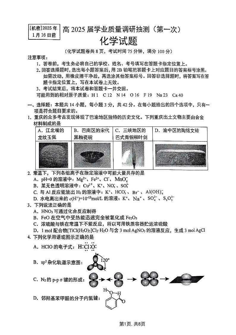 化学-重庆主城五区一诊暨九龙坡高2025届高三第一学期期末学业质量调研抽测试题第1页