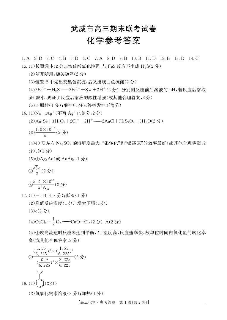 甘肃省武威市2025届高三上学期1月期末联考化学答案第1页