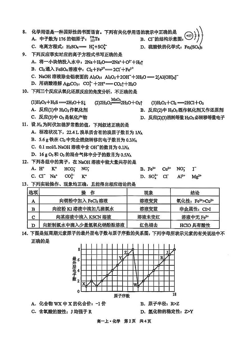 四川省泸州市2024-2025学年高一上学期期末统一考试化学试题第2页