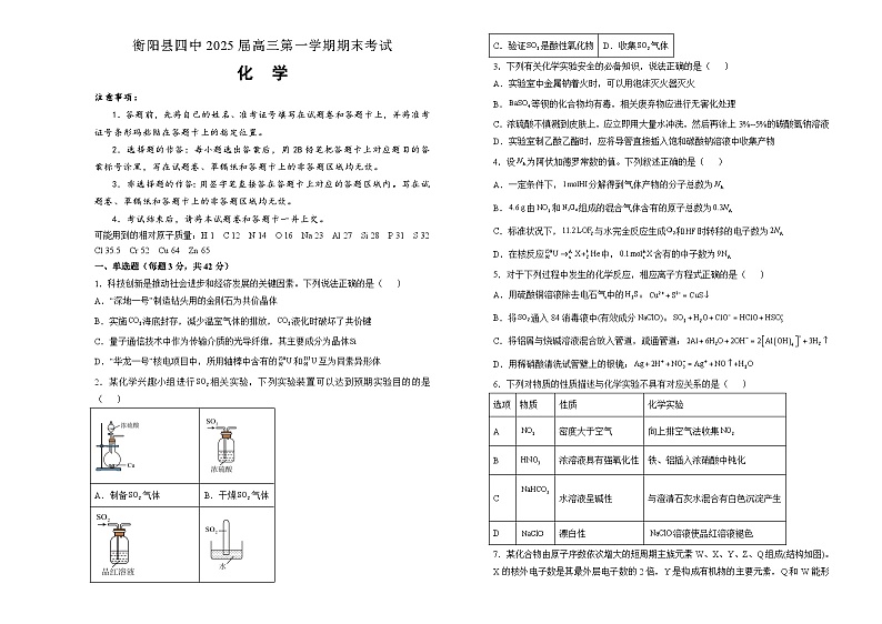 2025衡阳衡阳县四中高三上学期1月期末考试化学含解析第1页