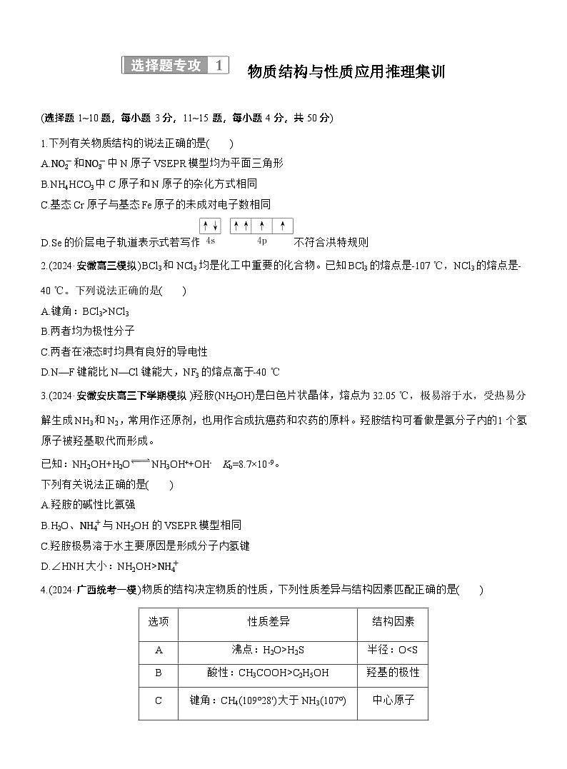 专题三　选择题专攻1　物质结构与性质应用推理集训--2025年高考化学大二轮专题复习（专练）第1页