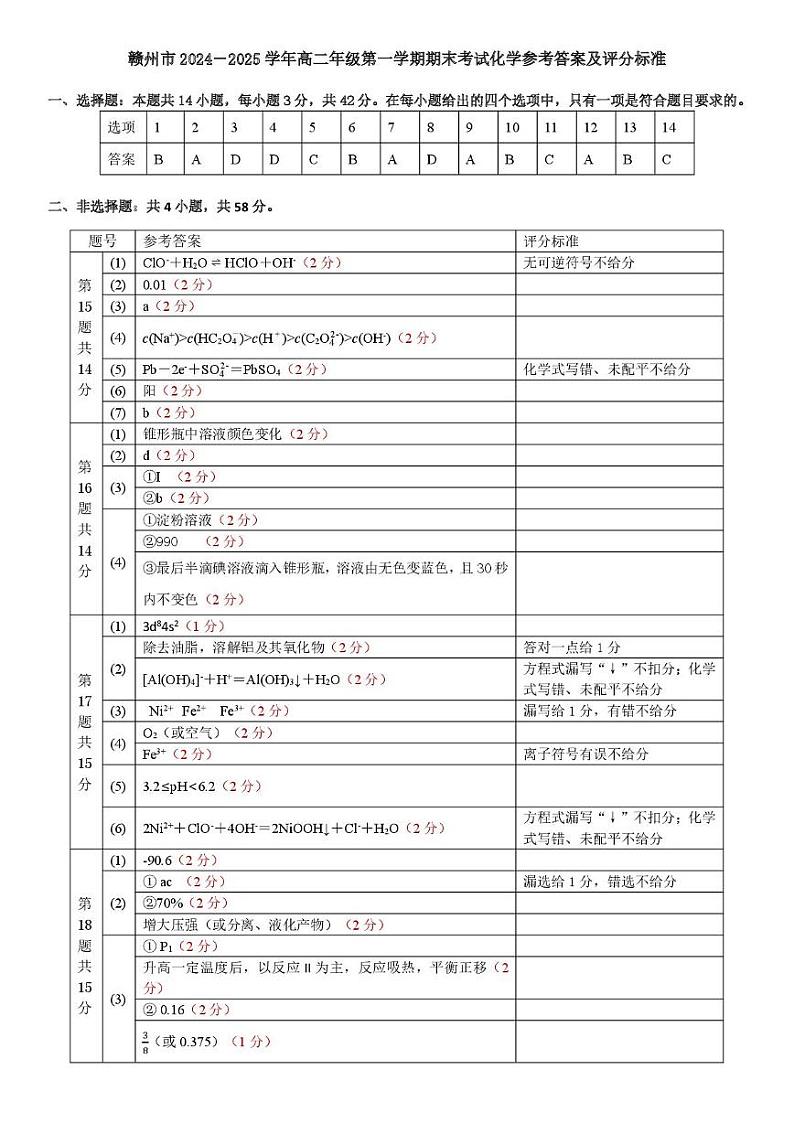 高二化学 高二化学参考答案及评分标准(1)第1页
