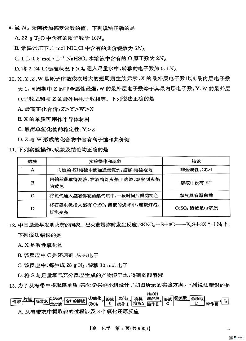 河北省沧州市联考2024-2025学年高一上学期1月期末考试 化学试题第3页