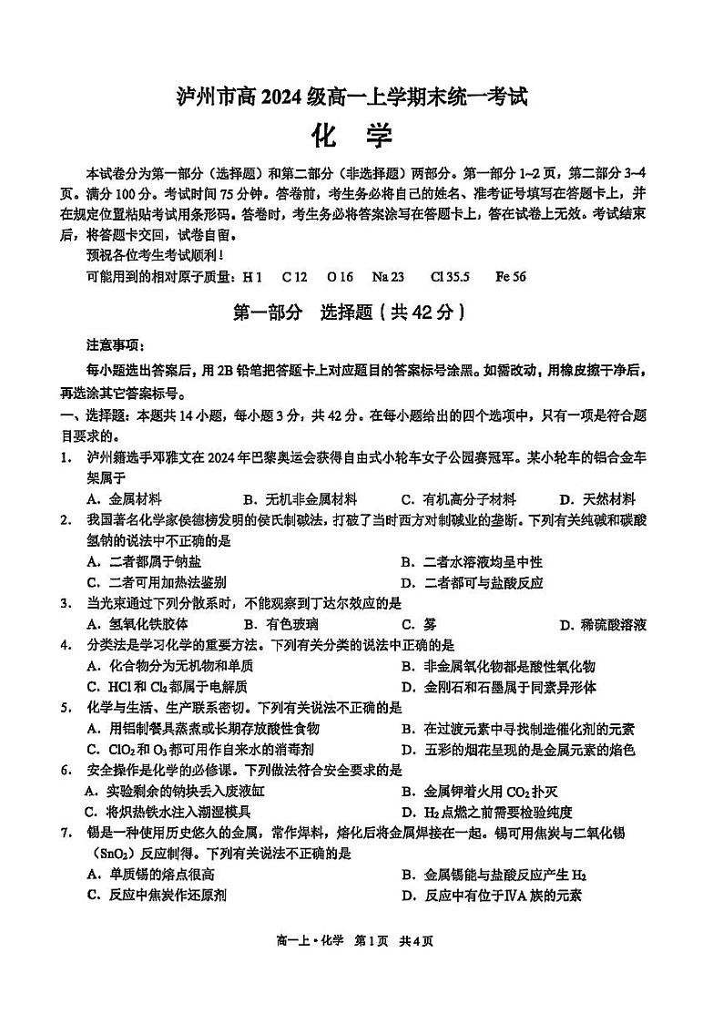 四川省泸州市2024-2025学年高一上学期期末统一考试化学试题（原卷）第1页