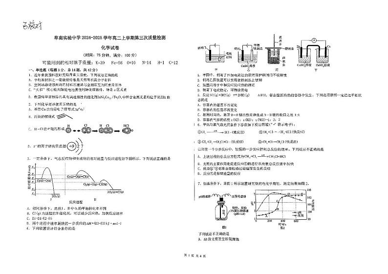 安徽省阜阳市阜南实验中学2024-2025学年高二上学期1月期末化学试题第1页
