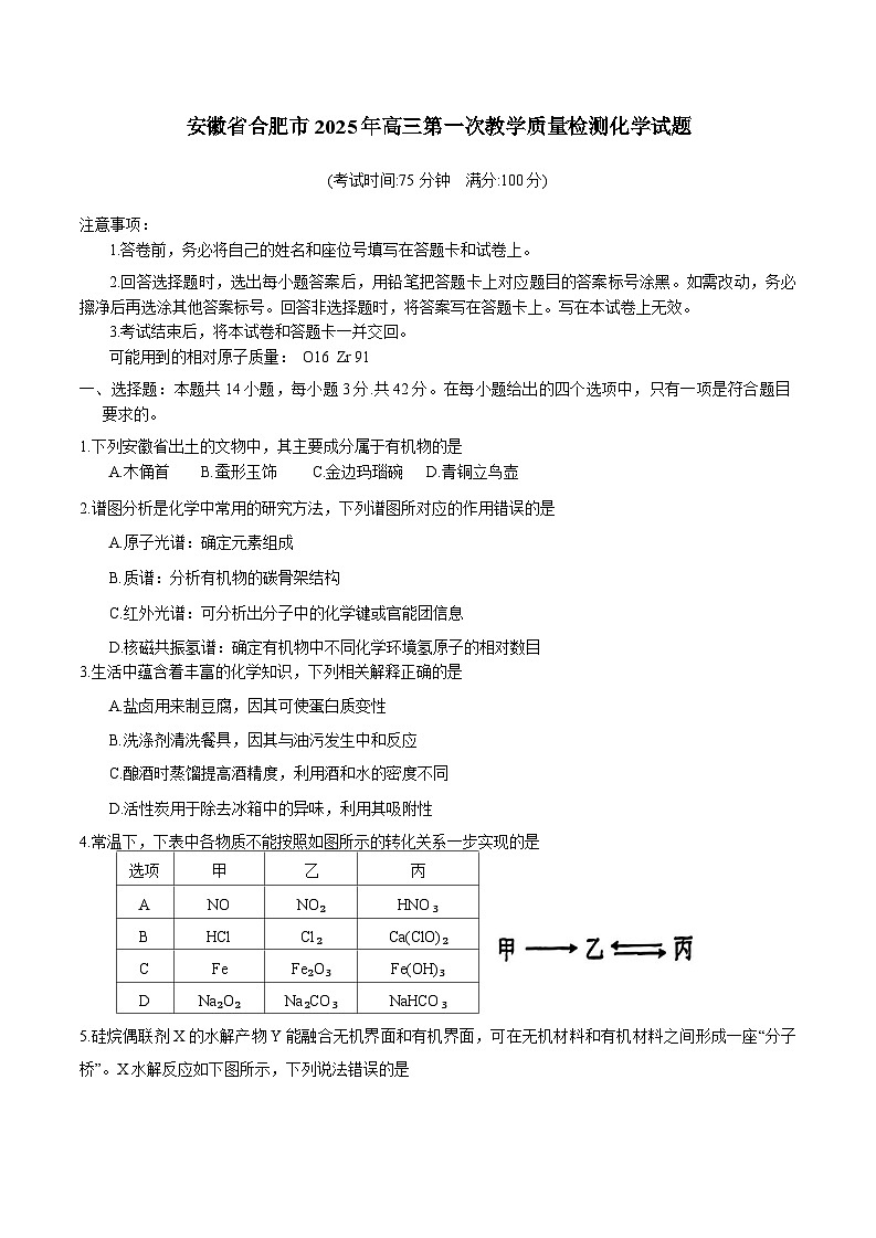 安徽省合肥市2024-2025学年高三第一次教学质量检测化学试题（含答案）第1页