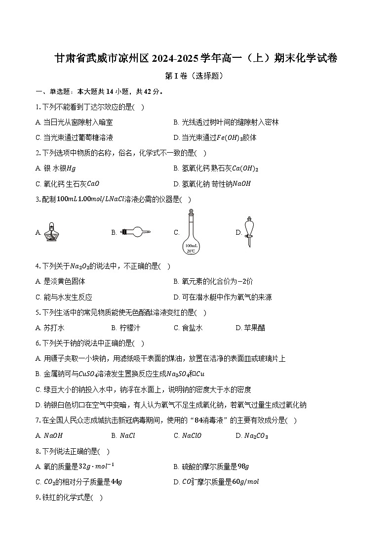 甘肃省武威市凉州区2024-2025学年高一（上）期末化学试卷第1页