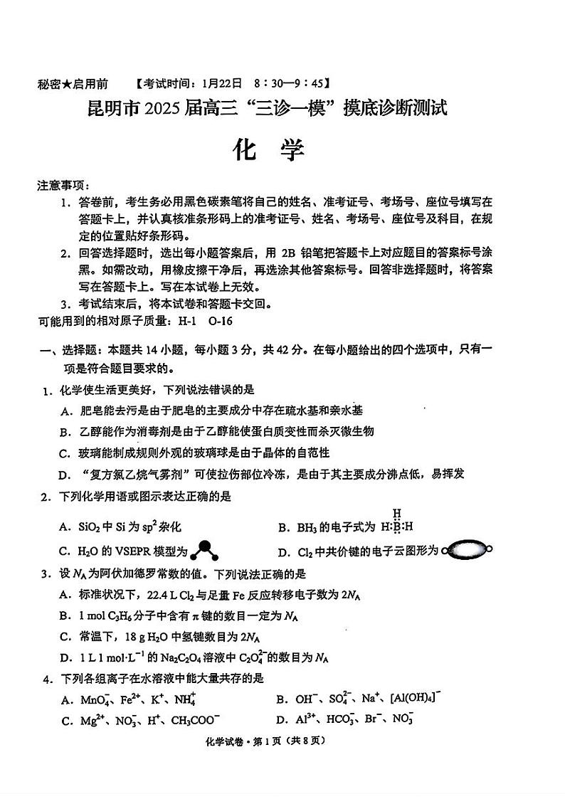 2025届昆明高三上学期1月“三诊一模”摸底考化学试题+答案第1页