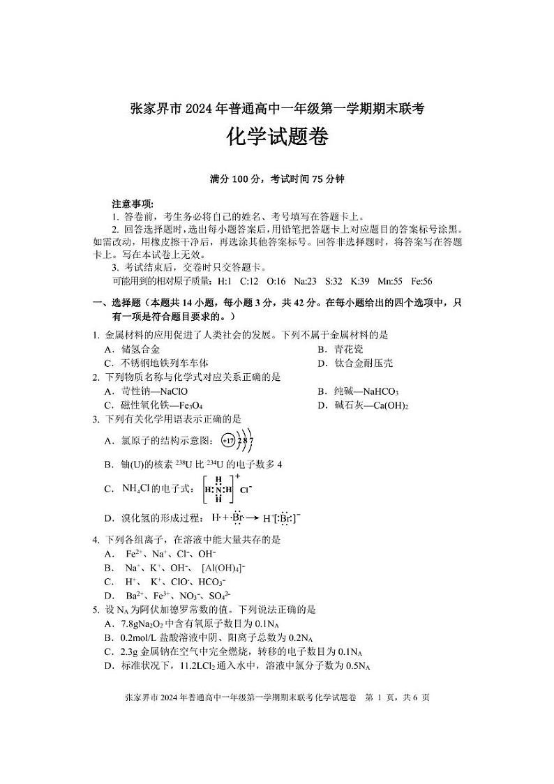 湖南省张家界市2024-2025学年高一上学期期末考试 化学 PDF版含答案第1页