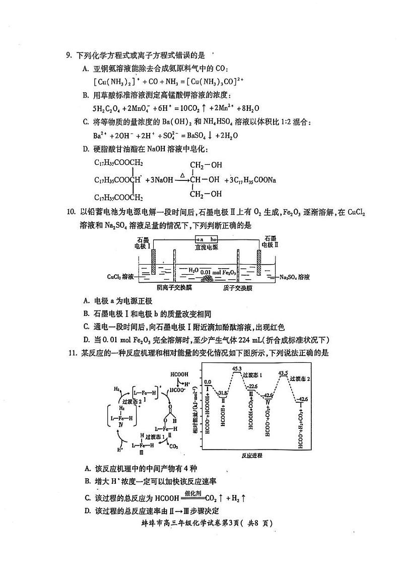 安徽省蚌埠市2024-2025学年高三上学期1月期末考试 化学试题第3页
