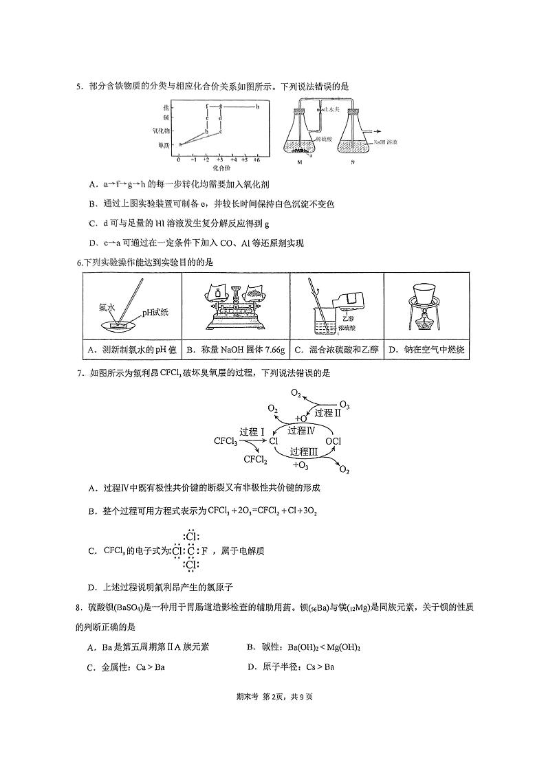 广东广州第6中学2024-2025高一上学期期末考化学试卷第2页