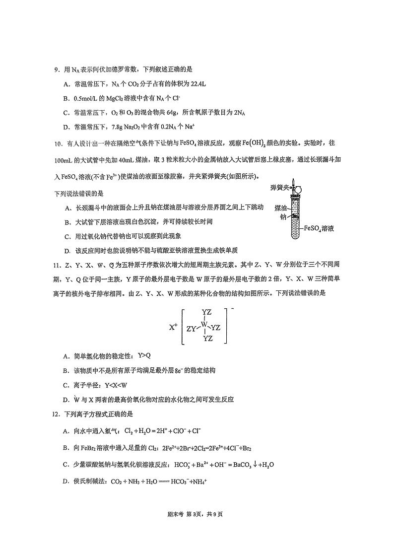 广东广州第6中学2024-2025高一上学期期末考化学试卷第3页