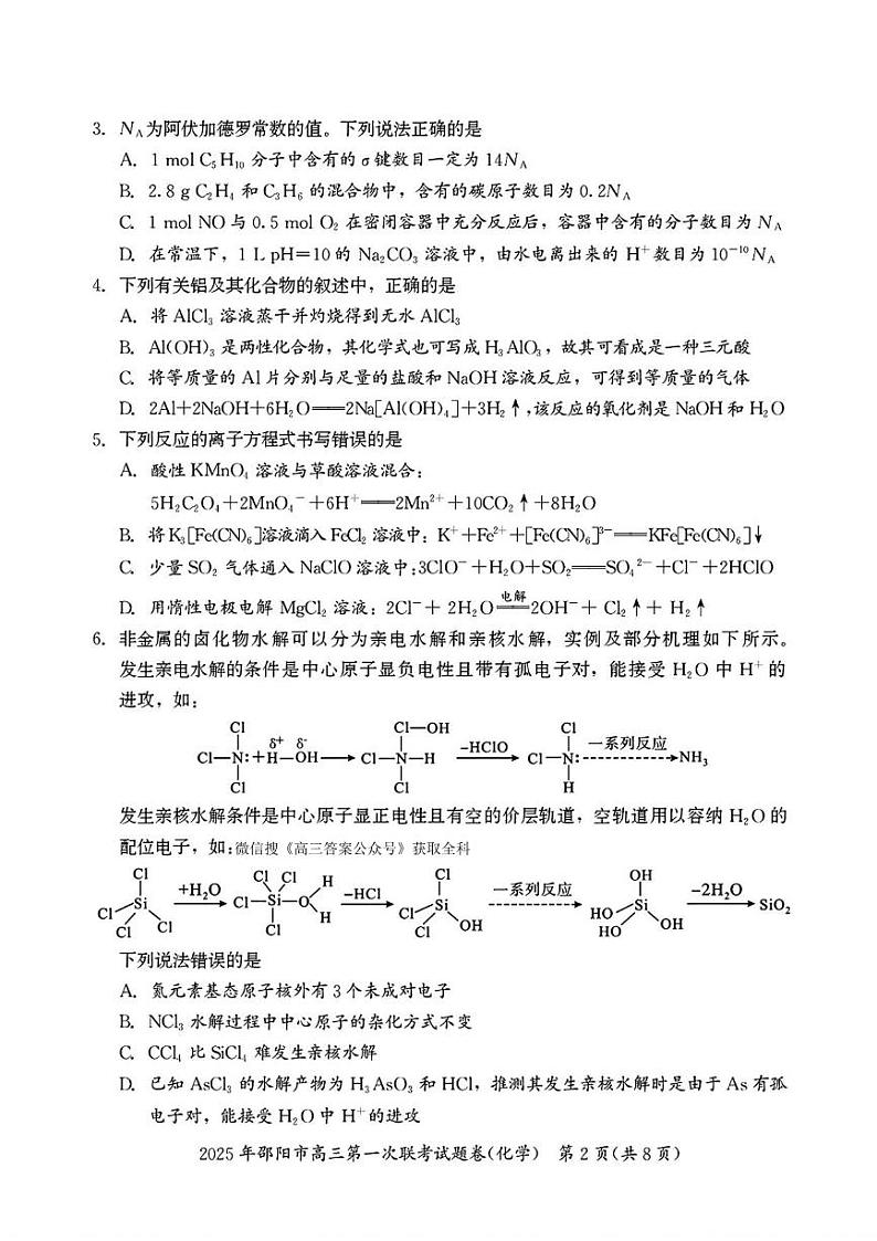 化学丨湖南省邵阳市2025届高三1月第一次联考暨期末考试化学试卷及答案第2页