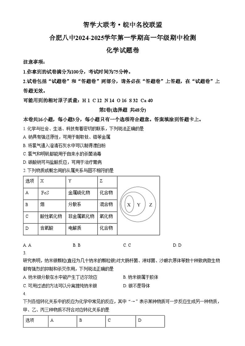 安徽省合肥八中2024-2025学年高一上学期期中化学试卷  Word版无答案第1页