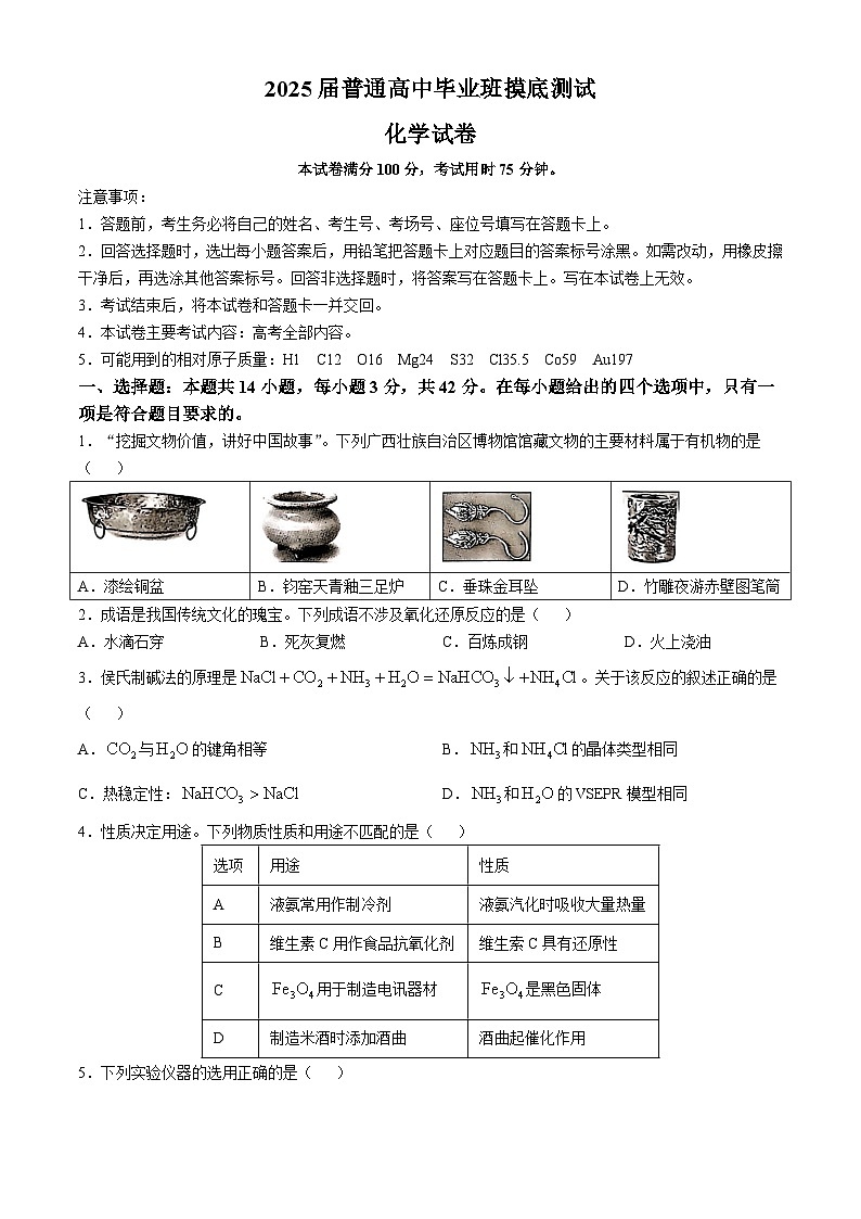 广西七市联考2025届高三上学期毕业班摸底测试化学试卷（含解析）第1页