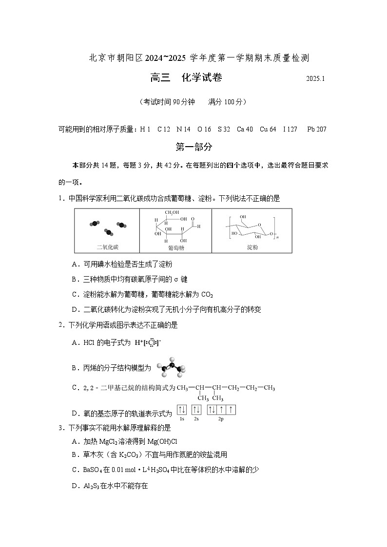 2024-2025学年北京朝阳区高三上学期期末化学试题及答案第1页