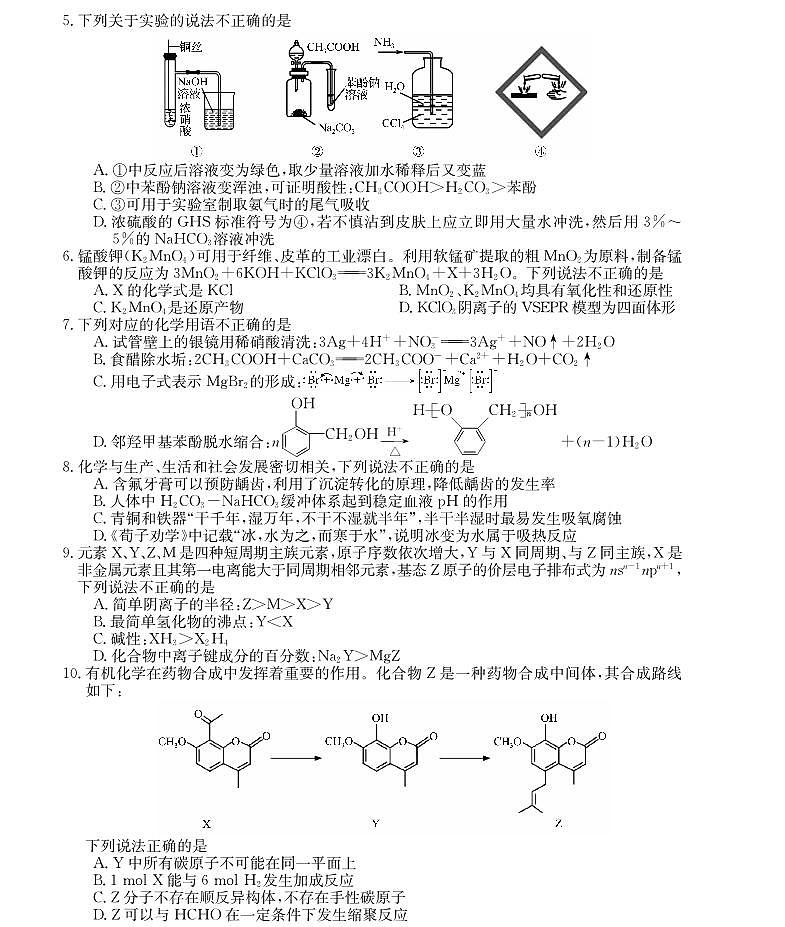 浙江省2025年1月浙江强基联盟高三上学期1月联考-化学试卷+答案第2页
