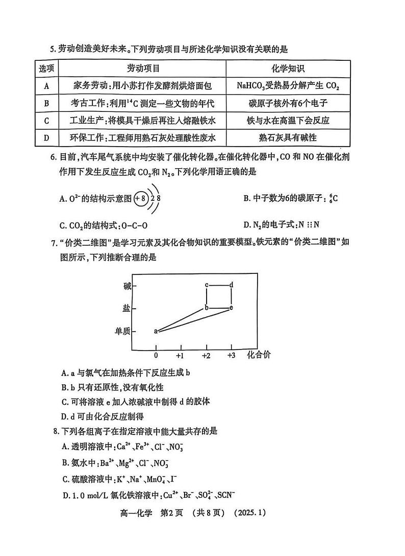 洛阳市2024-2025学年高一上学期期末化学试卷及答案第2页